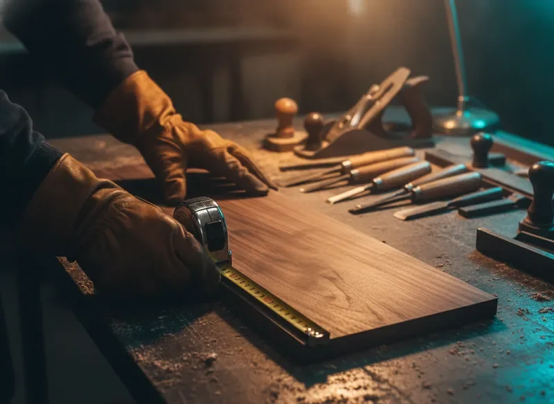 Craftsperson hands carefully measuring wood on a workshop bench