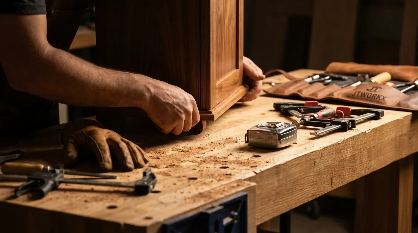 Premium carpentry workshop with hands adjusting a cabinet edge
