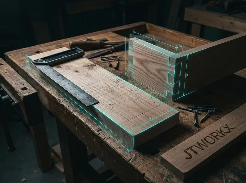 Carpentry workbench with measurement tools and finished wood joinery