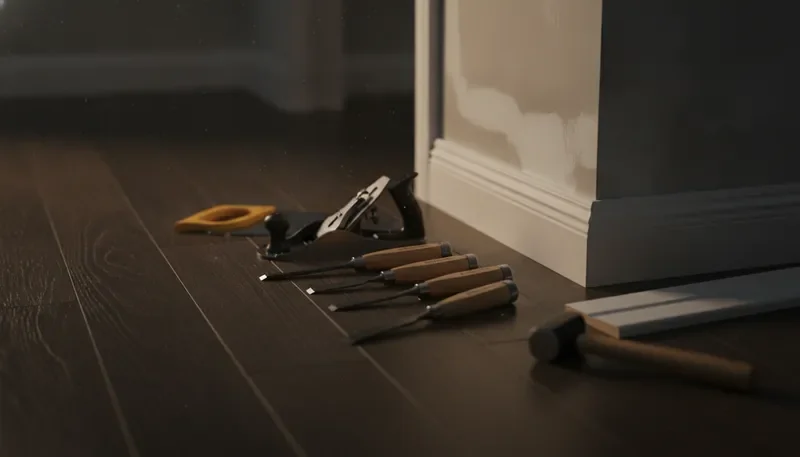 Neatly arranged carpentry tools and freshly repaired trim on a workshop floor