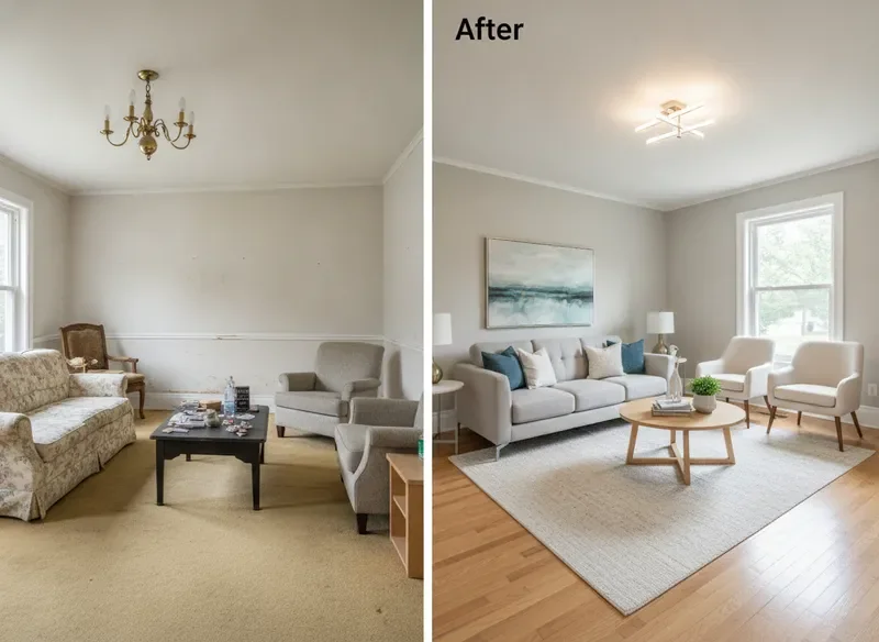 Living room transformation after pre-listing repair sprint by JTWORKX
