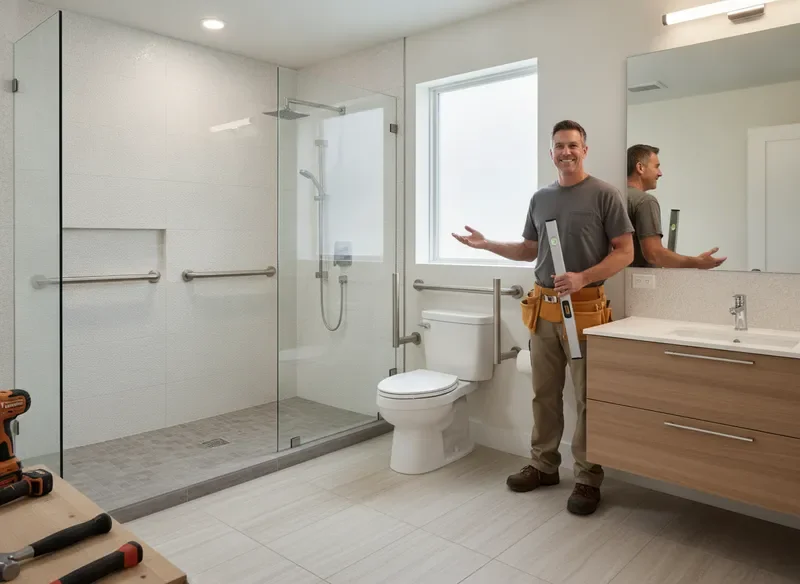 Accessible bathroom renovation with safety features for a senior homeowner by JTWORKX