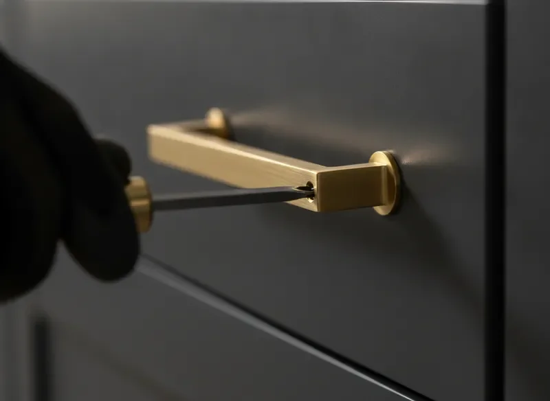 Brushed brass cabinet hardware installation detail