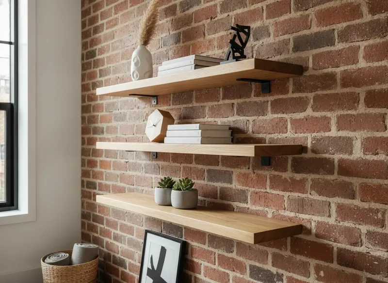 Custom floating shelves mounted on a brick wall